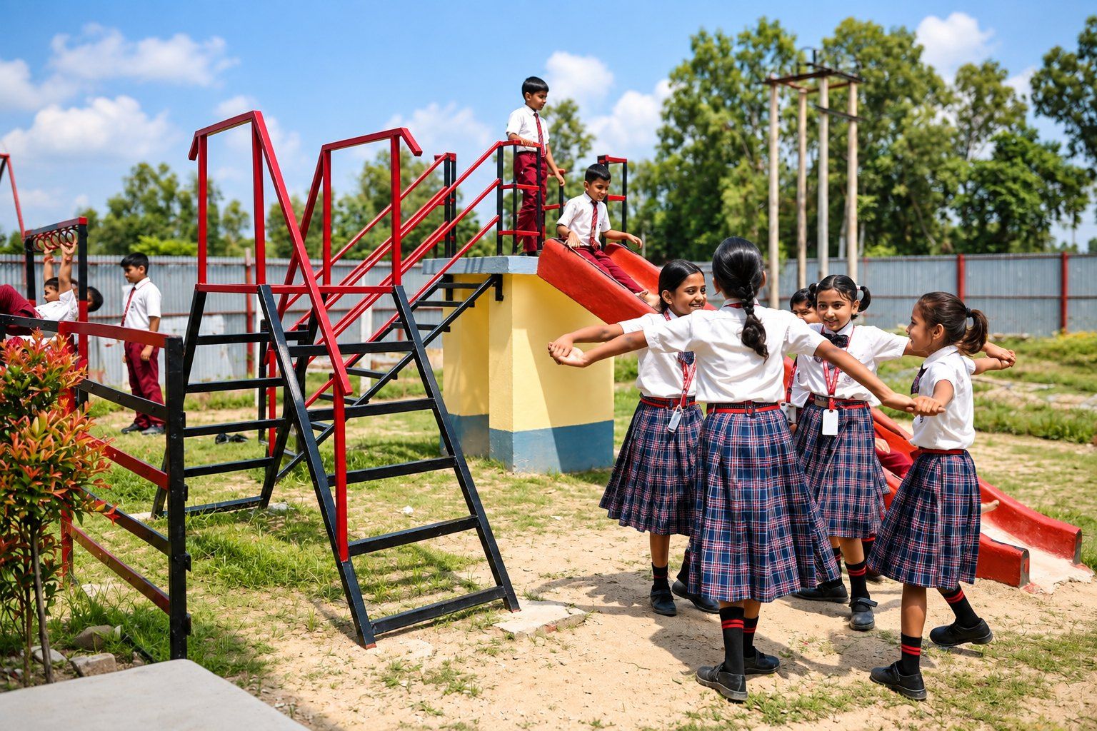 Children playing on the school playground slide