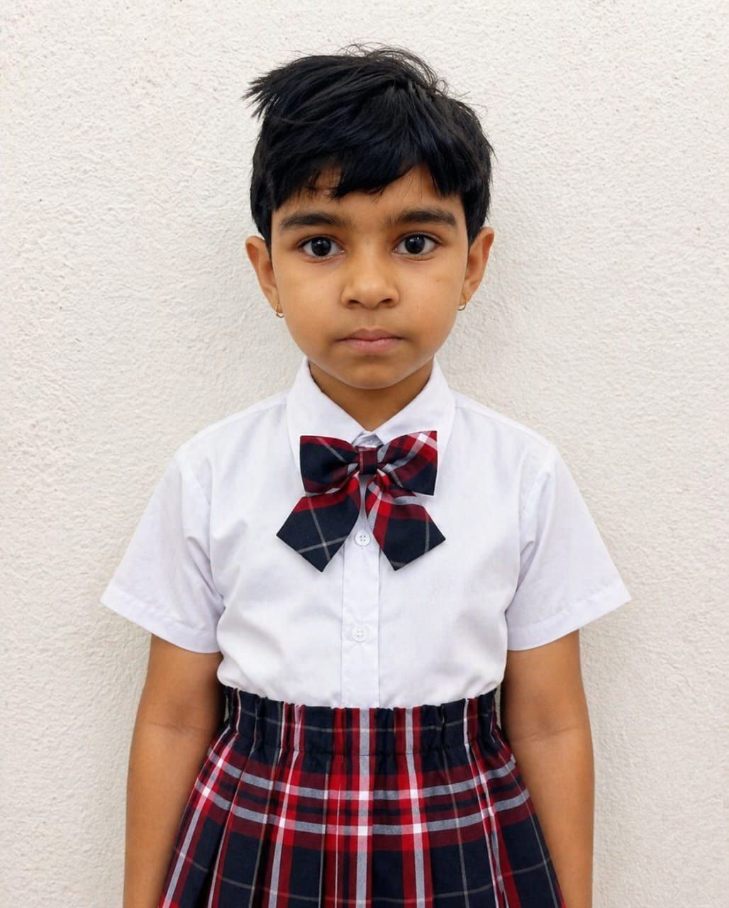 An IGPS student in a white shirt, checked bow and checked skirt