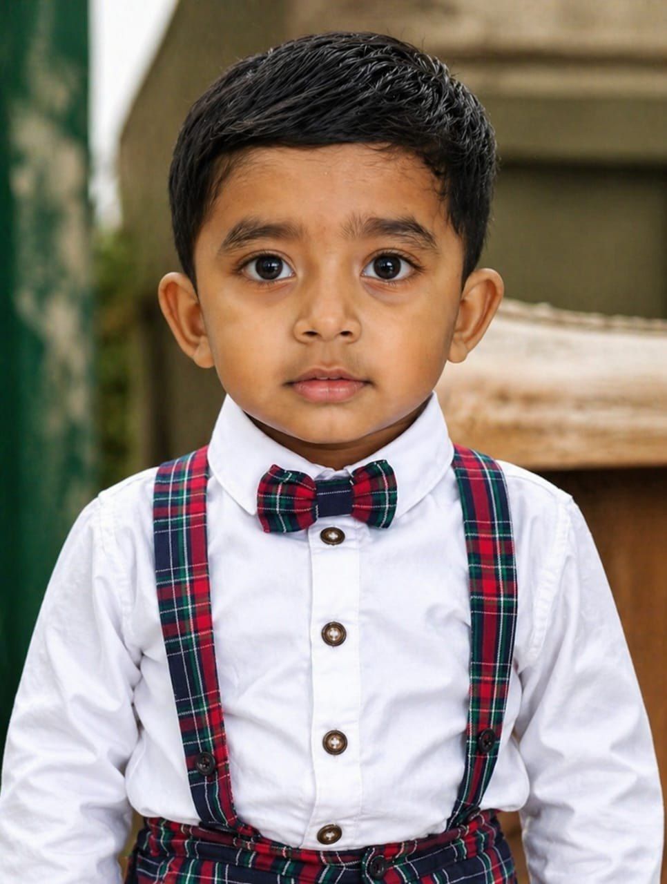An IGPS student in a white shirt with checked bow tie and suspenders